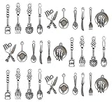 Kinteshun Kitchen Tableware Charms Baking Cooking Knife Fork Spoon Plate Pan Dinnerware Charm Pendant for DIY Jewelry Making Accessaries(100pcs,Antique Silver)