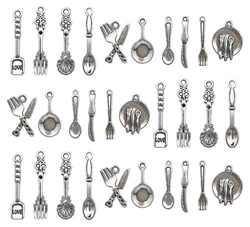Kinteshun Kitchen Tableware Charms Baking Cooking Knife Fork Spoon Plate Pan Dinnerware Charm Pendant for DIY Jewelry Making Accessaries(100pcs,Antique Silver)