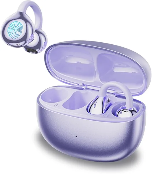 Open Ear Clip Headphones, Wireless Earbuds Bluetooth 5.4 The Over Ear Buds Earphones Built-in Mic with Ear Hooks, 36H Playtime,for iOS and Android (Purple)
