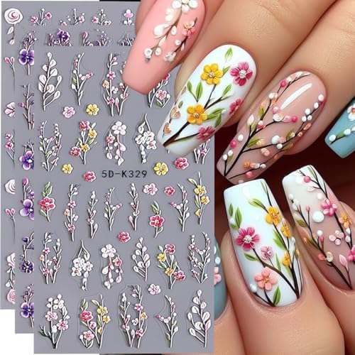 Flower Nail Art Stickers Decals 5D Embossed Flowers Nail Decals 3...