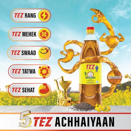 Image of Tez Mustard Oil for Cooking 1L | PT3 Kachchi Ghani Sarson Ka Tel | 100% Pure & Natural Oil | Promotes Gut Health with Antibacterial & Antifungal Benefits | Supports Good Health (Pack of 3)