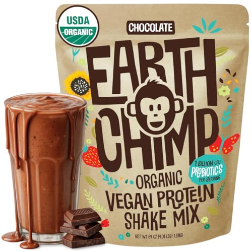 EarthChimp Organic Vegan Protein Powder - with Probiotics - Non GMO, Dairy Free, Non Whey, Plant Based Protein Powder for Women and Men, Gluten Free - 52 Servings, 64 Oz (Chocolate)