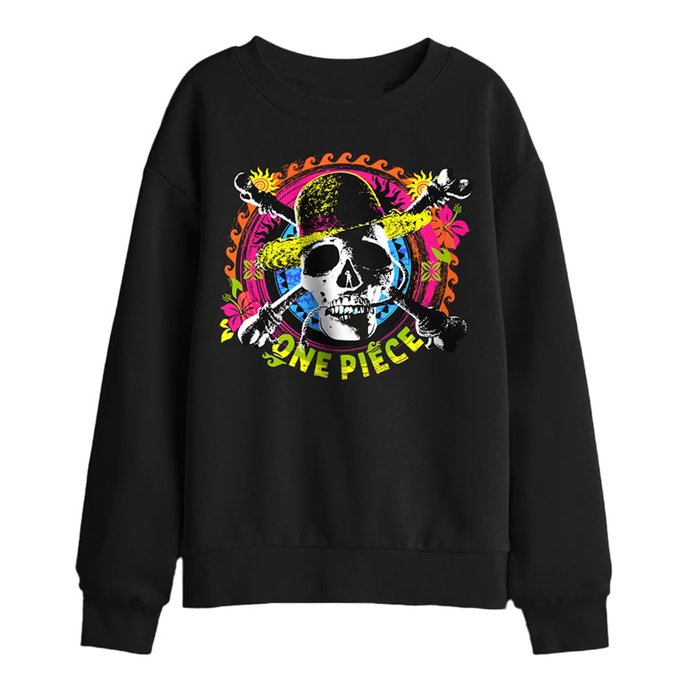 One Piece Jolly Roger Tropical Logo Kids Sweatshirt, Black, 7-8Y
