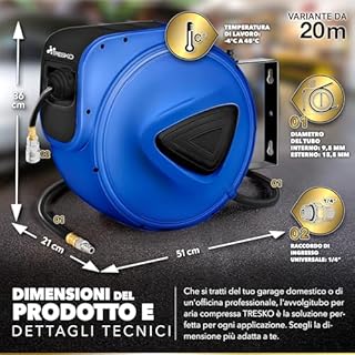 TRESKO® Avvolgitubo Aria Compressa 20 mt con Tubo | Avvolgitubo Pneumatico attacco 1/4" | Dispositivo di Arresto Automatico e Riavvolgitore Automatico, Blu