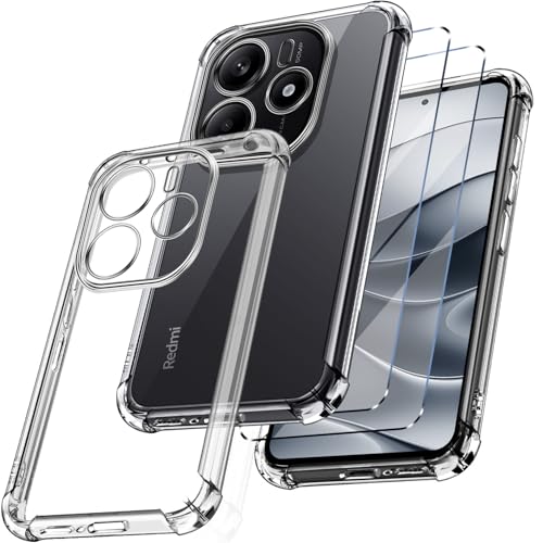 New&Teck Coque pour Xiaomi Redmi Note 14 5G (Pas pour Note 14 4G) + 2 Verre Trempé Protection écran, Housse en Transparent Silicone TPU Souple, Bumper avec Coins Renforcés
