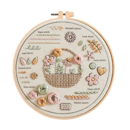 Kit de broderie fleurs Huacan pour débutant adulte avec fils et aiguilles 29x29 cm