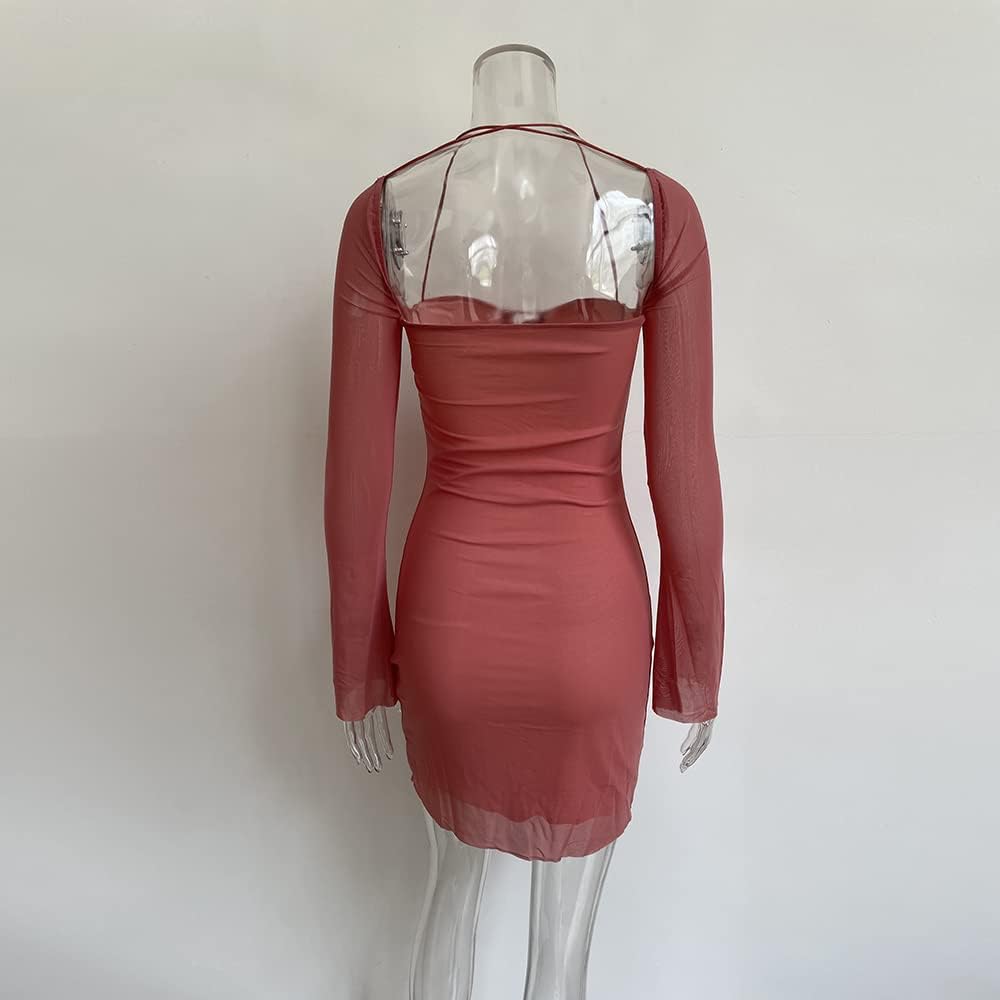 XLLAIS Women Long Puff Sleeve Mini Bodycon Mesh Dress Split Hem Clubwear Party Dress - Image 4