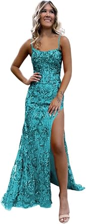 IIF Spaghetti Straps Mermaid Prom Dress with Slit Sequin Sparkly Square Neck Long Ball Gown for Women Wedding Party IIF078