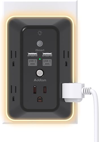 Miniatura 8 de Addtam - Protector de sobretensión, extensor de salida con luz nocturna, divisor de 5 salidas y 4 puertos USB (2 USB C), cargador de pared USB,
