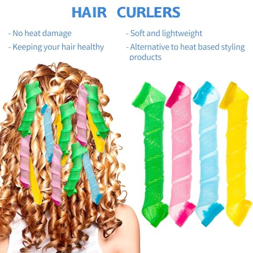 28 Pieces Heatless Curlers No Heat Spiral Curls Hair Curlers Styling Kit with 2 Pieces Styling Hooks for Most Kinds of Hairstyles (Green, Pink, Blue, Yellow,45 cm)