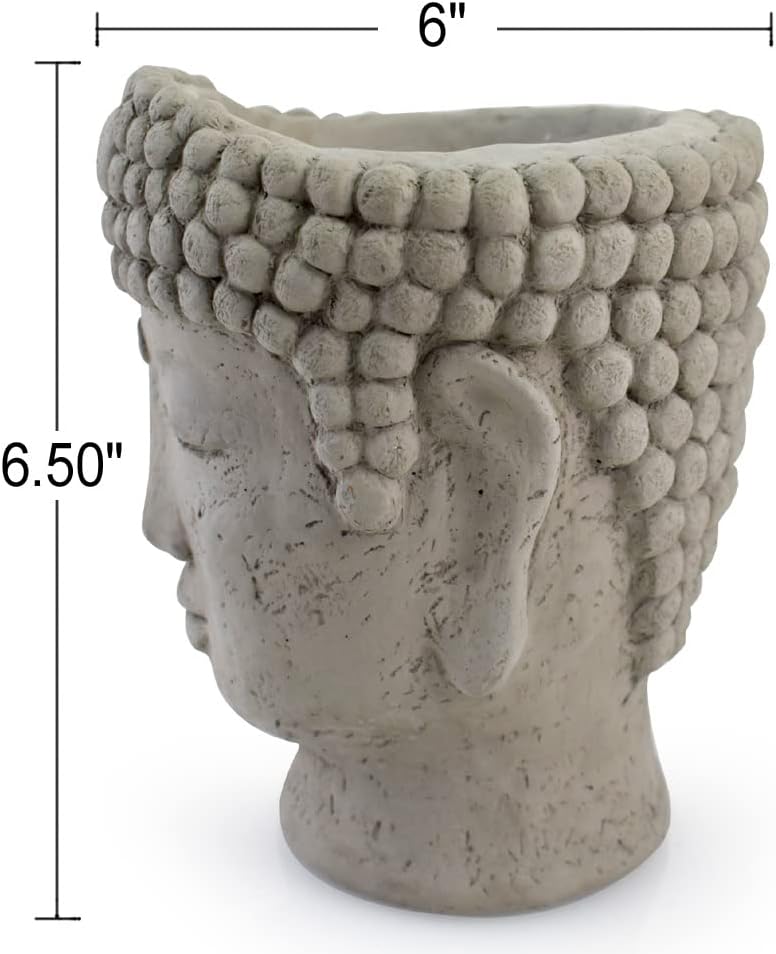 Small Cast Stone Buddha Head Planter 6.25" High (4" Interior) with Drainage Hole, Indoor/Outdoor, American Made