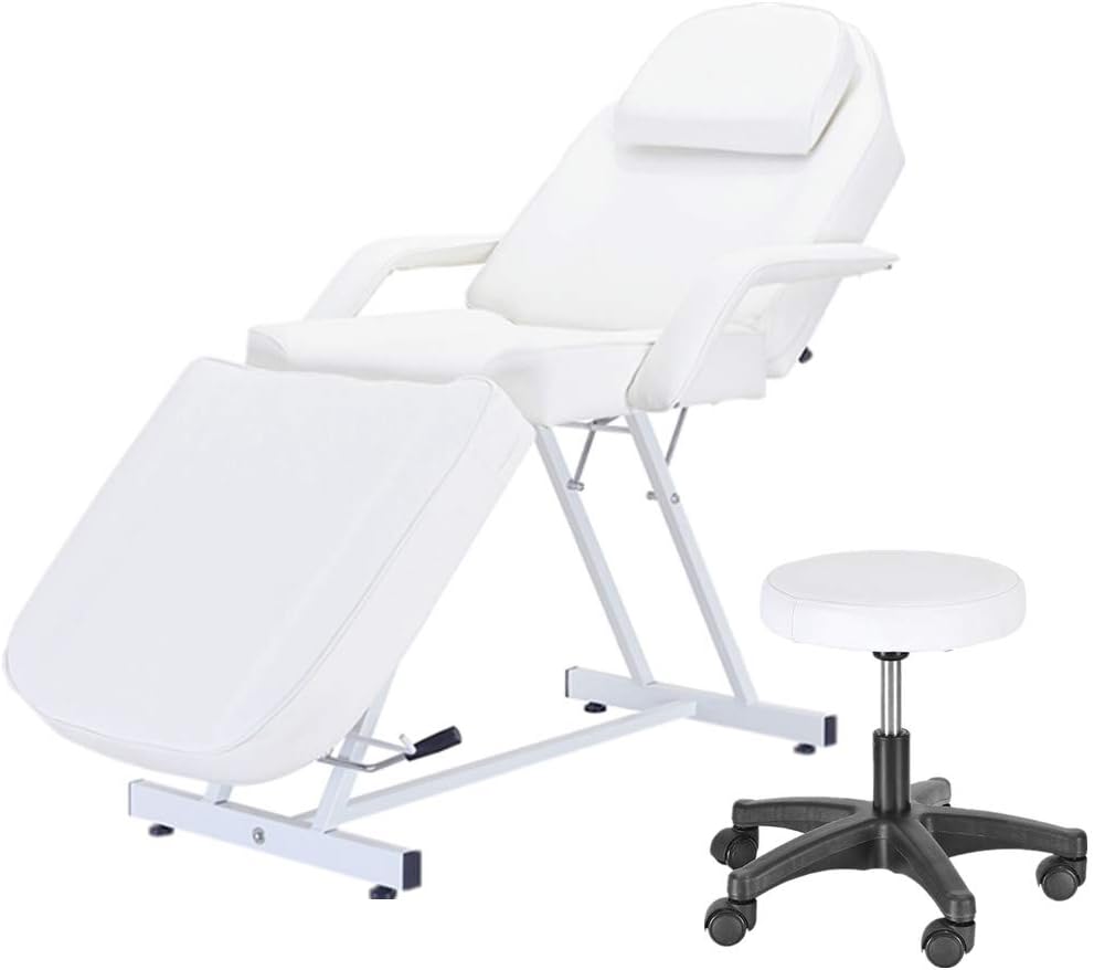 Panana Balance Massage Bed Table Adjustable Reclining Beauty Salon Chair Tattoo Spa Facial Couch Bed with Stool (White)