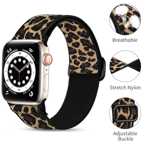 Oielai Solo Loop Straps Compatible with Apple Watch Strap 38mm 40mm 41mm 42mm, Adjustable Stretch Nylon Sport Replacement Band for iWatch Series 11 10 9 8 7 6 5 4 3 2 1 SE, Leopard