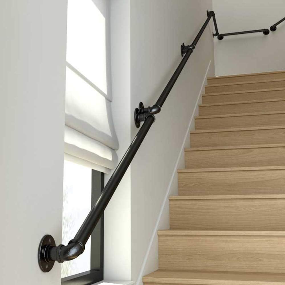 HMTE Wrought Iron Stair Railing Industrial Pipe Staircase Handrails Black Non-Slip Handrail For Indoor Stairs Wall Mounted Stair Handrail With Installation Kit 25-600CM (500cm)