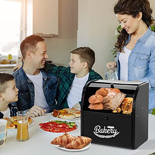 Hossejoy Large Double Layer Bread Bin - Spacious Black Roll Top Bread Box for Kitchen Storage, 30 x 24.5 x 32.5cm - Image 7
