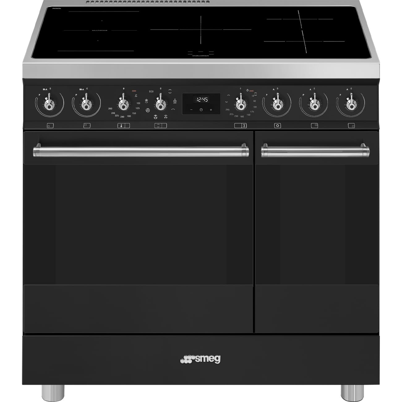 Smeg Cucina Con piano cottura Induzione 90 Cm, 5 Zone Cottura, Una Zona Flessibile,Funzione Autoarresto, Forno Principale Elettrico Ventilato, Forno Secondario Statico,Vapor Clean, Classe A
