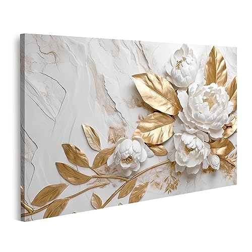 islandburner Tableau sur Toile Texture Marbre Couleurs Or Blanc Fleurs Dorées Design Luxueux Cadre Affiche Poster Murale Tableaux