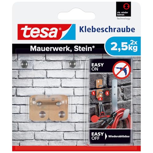 tesa 77902-00000-00 Klebeschraube für Mauerwerk und Stein, Halteleistung, Vierckig, 2.5 kg, 2 Stück