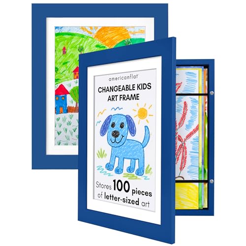 Image of Americanflat - 2 Pack - Kids Artwork Frame Changeable (Blue) - Magnetic Door Holds 100 Art Pieces - 8.5x11 Letter Size Display with Mat or 10x12.5 Without Mat - My Mini Masterpiece