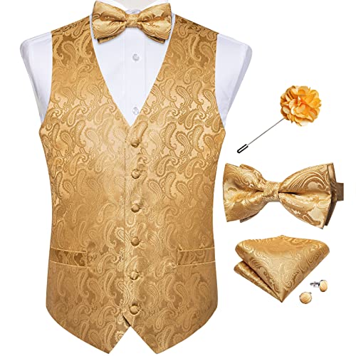 Image of DiBanGu Mens Paisley Suit Waistcoat,Silk Dress Vest and Bowtie Pocket Square Cufflinks with Lapel Pin Set for Wedding Tuxedo