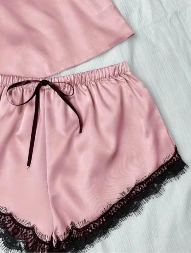 Image of Women's Satin Pajama Set with Lace Trim Camisole Top and Shorts Sleepwear Set Pack of2-1top 1nikkar