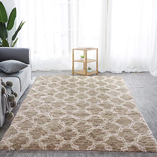 Softlife Fluffy Bedroom Rugs 5 x 8 Feet Shaggy Geometric Design Area Rug for Girls Baby Room Kids Living Room Thanksgiving Home Decor Floor Carpet, Camel & White