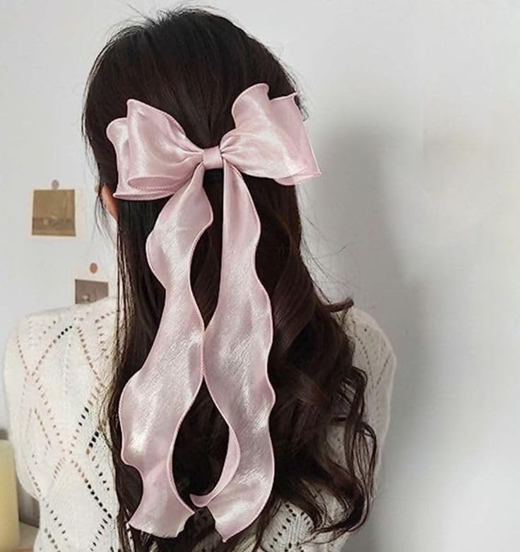 Elegant organza Bow Hair Clip, Long Trailing Ribbons, Light Pink, Women’s Hair Accessory