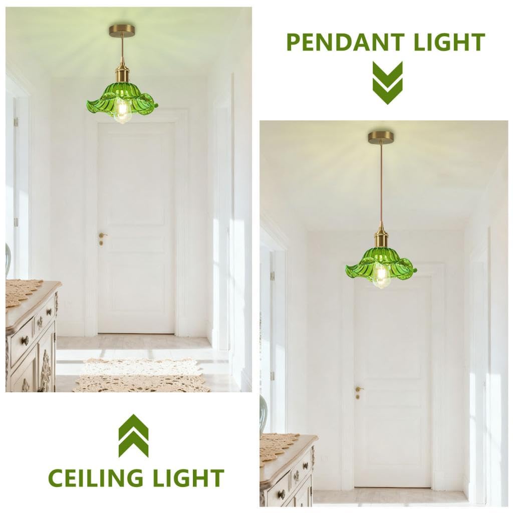 DLGLOLIN Lampada a sospensione in vetro vintage lampadario soggiorno, paralume fiore creativo retrò a sospensione, E27 plafoniera per camera da letto, cucina, sala da pranzo, verde