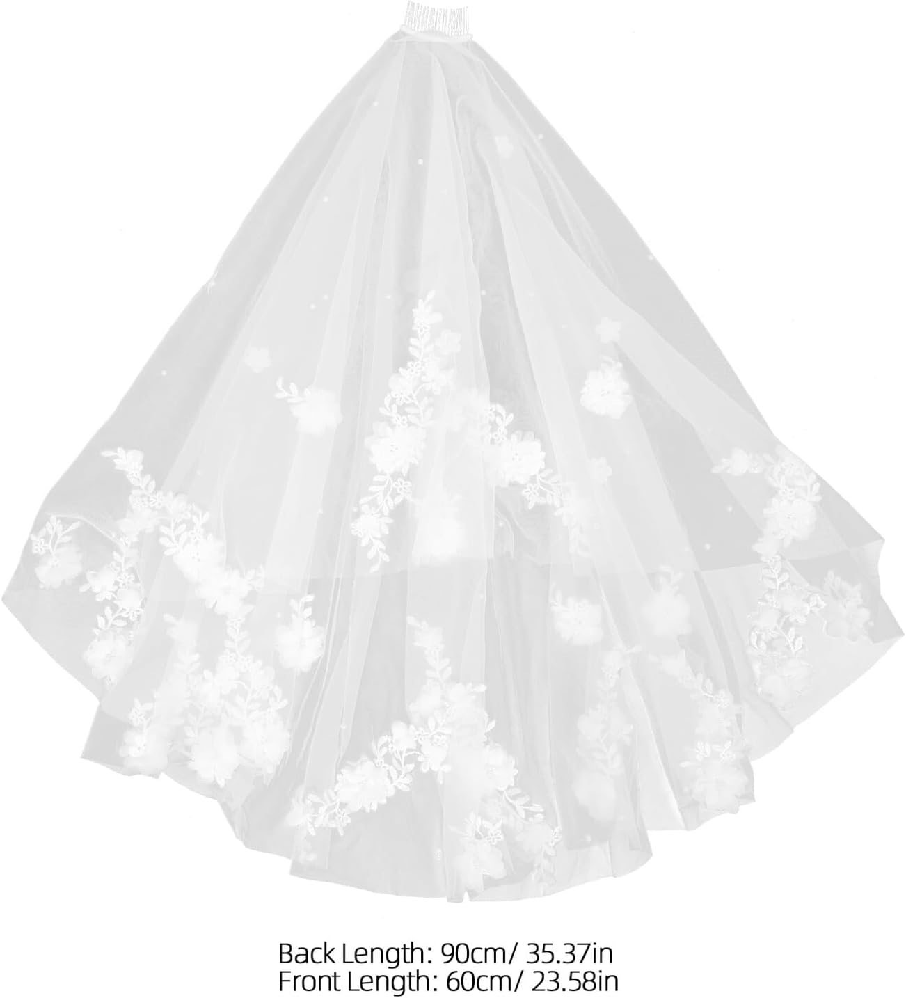 Baluue Bridal Veil Double Layer White Tulle with Handmade 3d Flower Embroidered Lace and Pearl Detail, Metal Comb Hair Accessory for Wedding Ceremony and Bride