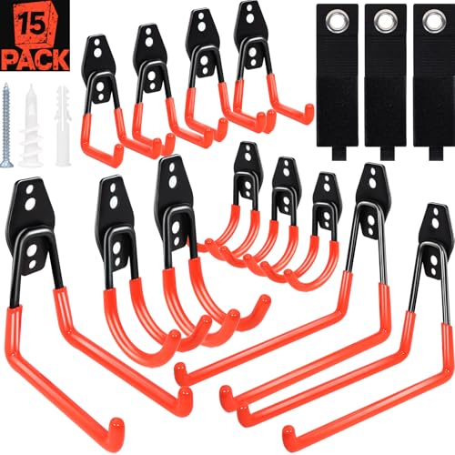 SBGGRL 15 Pack Garage Hooks Heavy Duty Garage Hangers Storage System Hooks for Shed Yard Tools Ladders Bikes Hose Hanging Wall Mount with Anti-Slip Coating