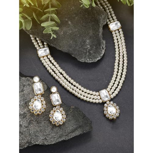 Image of Peora Crystal Faux Pearl Kundan Necklace & Jewellery Set Gift for Women