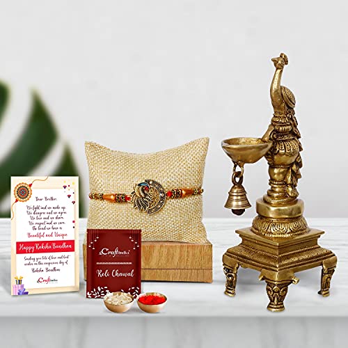 Image of eCraftIndia Peacock Designer Rakhi for Brother With Gift | Decorative Brass Diya with Stand | Raksha Bandhan Rakhi Gift Hamper for Brother Bhaiya Boys Kids | Greeting Card | Roli Chawal Pack