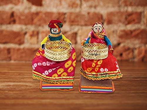 Image of JH Gallery Handmade Recycled Material Rajasthani Dolls Puppet Tealight Candle Holder, Multicolor, 11 x 11 cm, 1 Pair, Home Decor & Decoration Items for Living Room, Office and Hall