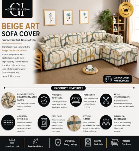 Image of Gifts Island Premium 160GSM Super Soft Beige Art Stretchable Sofa Cover L Shape 7 Seater Fully Covered | Suitable for Both Left and Right Side Chaise Sofa (Beige Art, 4+3 Seater)