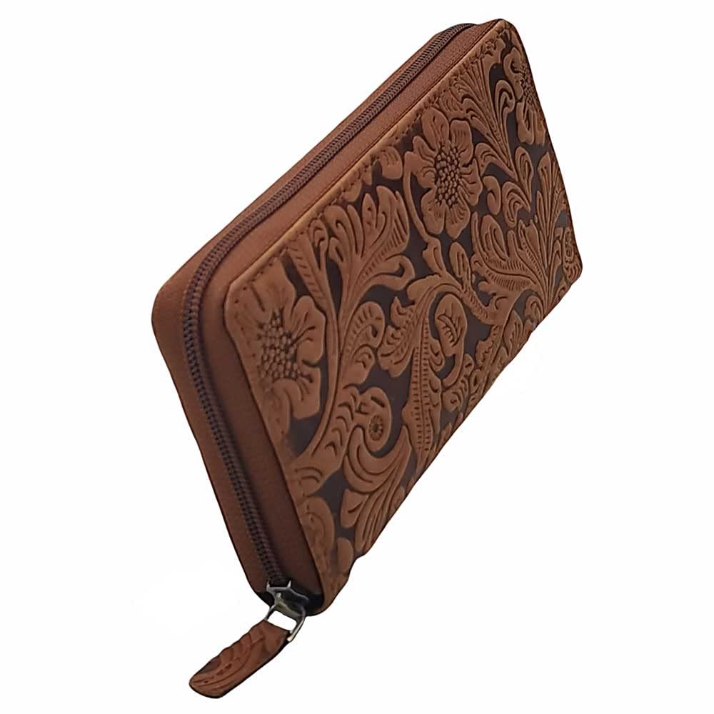 Monedero Billetero de Piel de Búfalo con Diseño de Flores, Compacto con Cremallera, con Protección RFID y Compartimentos para Tarjetas de Crédito, Color Marrón