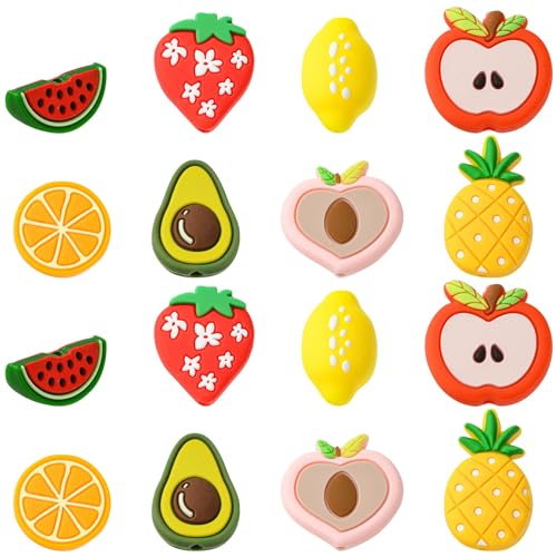 Stiesy Lot de 8 perles focales en silicone 8 styles de fruits, fraise, citron, pêche, avocat, perles d'espacement pour loisirs créatifs, bracelets, colliers, fabrication de bijoux