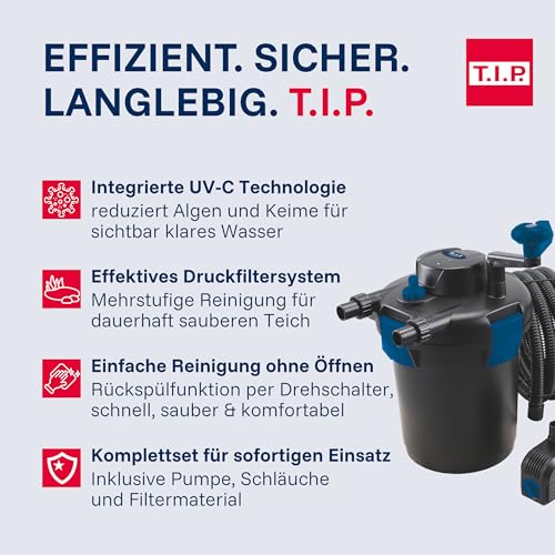 T.I.P. Teichdruckfilter-Set TFP 5000 UV 9 - Komplettset mit Pumpe, UV-C Strahler, 9W, Rückspülfunktion, Filtermaterial, 5000L Kapazität, 1500 l/h Fördermenge, Schläuche inklusive, 30297