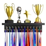 DSVENROLY Medaillenhalter mit Trophäenregal, Stabiler Auszeichnung aufhänger ständer aus Holz mit 25 Stahlhaken, Wandmontage Medal Trophy Display Shelf Organizer für Sportfans, Schwarz