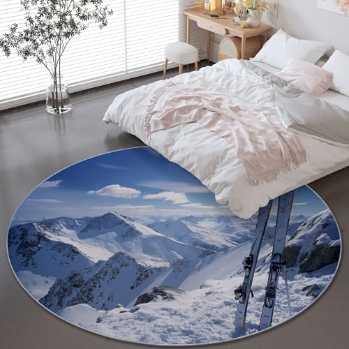 Tapis rond salon ski réaliste bleu marine déco 150 cm - 5