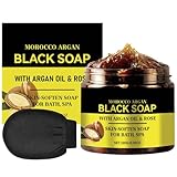 Marokko Exfoliate Schwarze Seife mit Peeling-Handschuhe,Schwarze Seife mit Argan und Rose,Marokko Körperpeeling,Bio Morocco Black Soap,Feuchtigkeitsspendende seife Schwarz für Weiche Haut