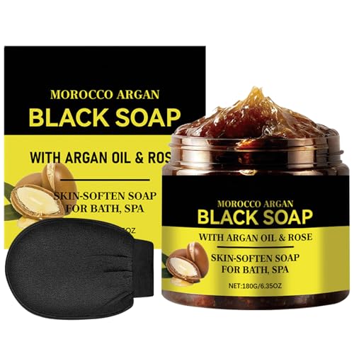 Marokko Exfoliate Schwarze Seife mit Peeling-Handschuhe,Schwarze Seife mit Argan und Rose,Marokko Körperpeeling,Bio Morocco Black Soap,Feuchtigkeitsspendende seife Schwarz für Weiche Haut
