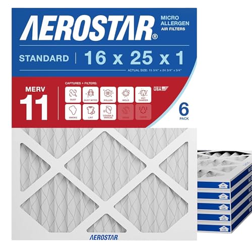 Aerostar 16x25x1 MERV 11 Air Filter, 6 Count, ACTUAL SIZE (15.75 x 24.75 x 0.75), HVAC, Air Conditioning & Furnace Filter for Dust, Pet Dander, Smoke & Allergies (MPR 1200 / FPR 7), Made in USA