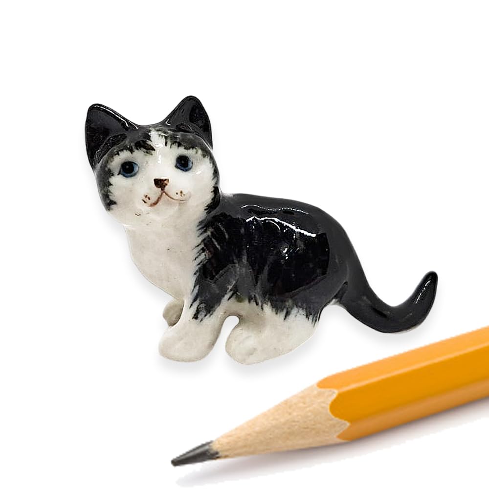 WitnyStore Tiny 2¼" Black White Shorthair Cat Tiptoeing Look Left Figurine - Miniature Hand Made Painted Ceramic Cats Kitten Animal Cute Porcelain Decorative Collectible Figures Décor Gifts