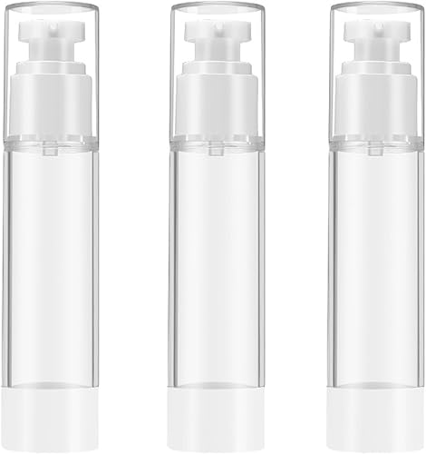 Qeuly Paquete de 3 botellas de bomba sin aire de 0.5 onzas de tamaño de viaje, botella de loción, dispensador de bomba cosmética recargable para