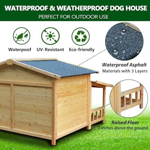 Dog House Outdoor Weatherproof, 47.2" Large Wooden Puppy Shelte Outdoor/Indoor Dog Houses with Porch, Elevated Floor, 2 Doors Dog Kennel