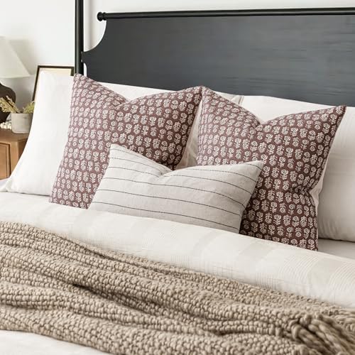 Image of Foindtower Set of 2 Decorative Vintage Floral Print Throw Pillow Covers Neutral Modern Farmhouse Cushion Covers Boho Home Decor for Sofa Chair Couch Bedroom Living Room,18x18 Inch,Wine Red
