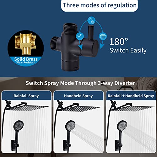 Dual Shower Heads With Handheld Spray-Phechion Luxury High Pressure Rainfall Shower Head Combo-12 Inch Square Stainless Steel Rain Shower Head-Matte Black Waterfall Showerhead & Hand Held Shower Head #TOP2