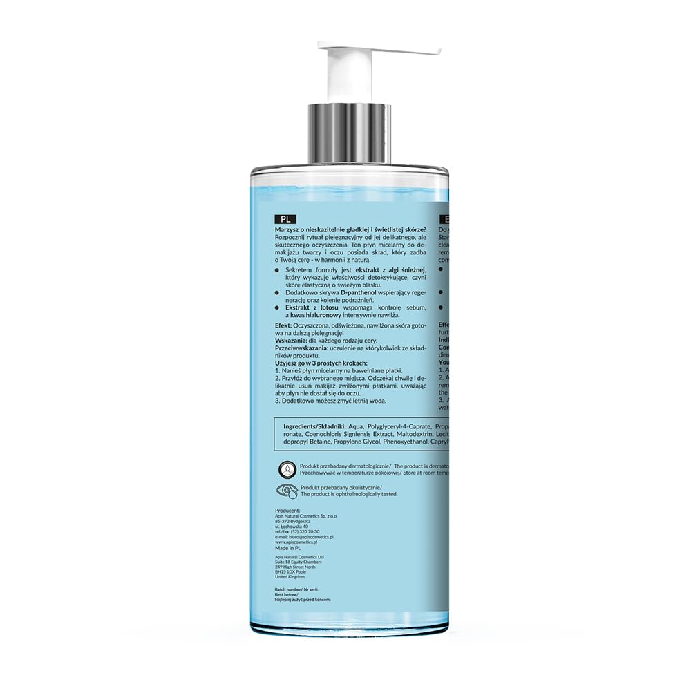 Apis Natural Cosmetics Moisturizing Micellar Water for Face and Eyes Makeup Removal, 98% Natural Ingredients, 500ml