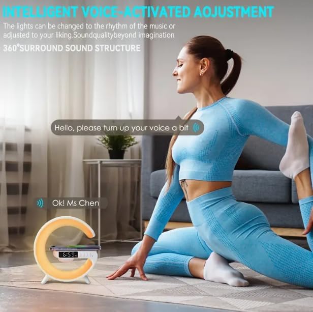 A woman stretching with the Smart Light Sound Machine in the foreground, showing text bubbles indicating voice commands like 'Hello, please turn up your voice a bit' and 'Ok! Ms Chen'.