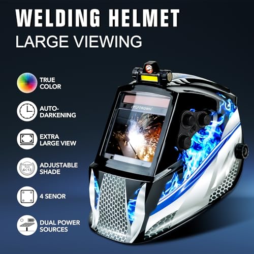 Image of TRQWH Welding Helmet Auto Darkening Large Viewing True Color Solar Powered Welding Mask with 4 Arc Sensor Adjustable Wide Shade Range 4~5-8 /9-13 Welder Mask with Grinding